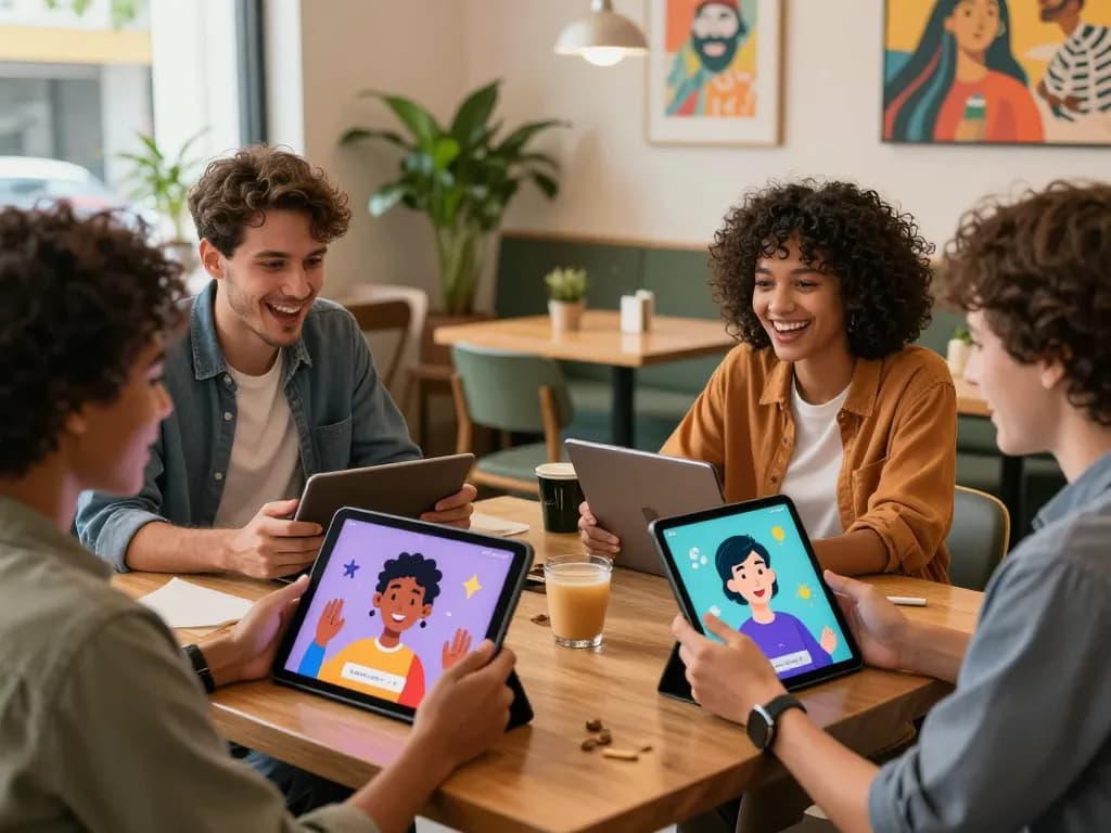 Engaging scene of users enjoying crushon ai interactions in a lively café atmosphere.