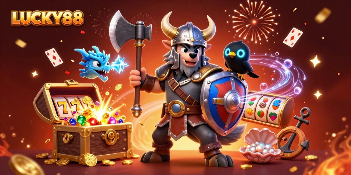 Experience the thrilling LUCKY88 slot with vibrant characters and dynamic gaming elements.