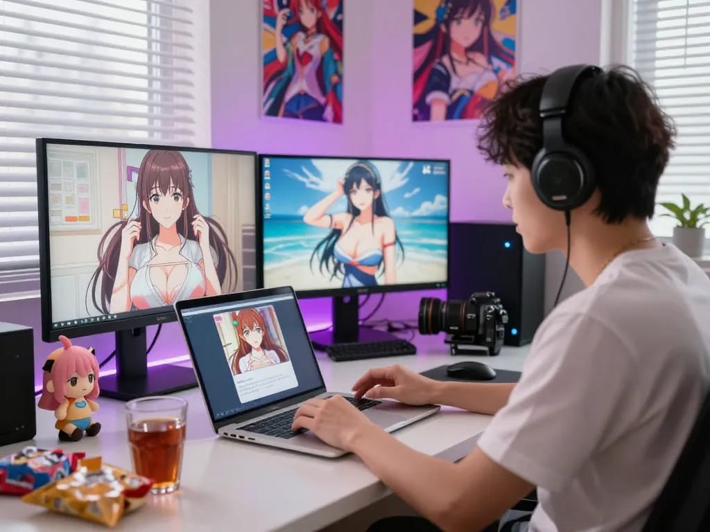 Engaging in hentai ai chat on a laptop in a cozy home office filled with anime decor.