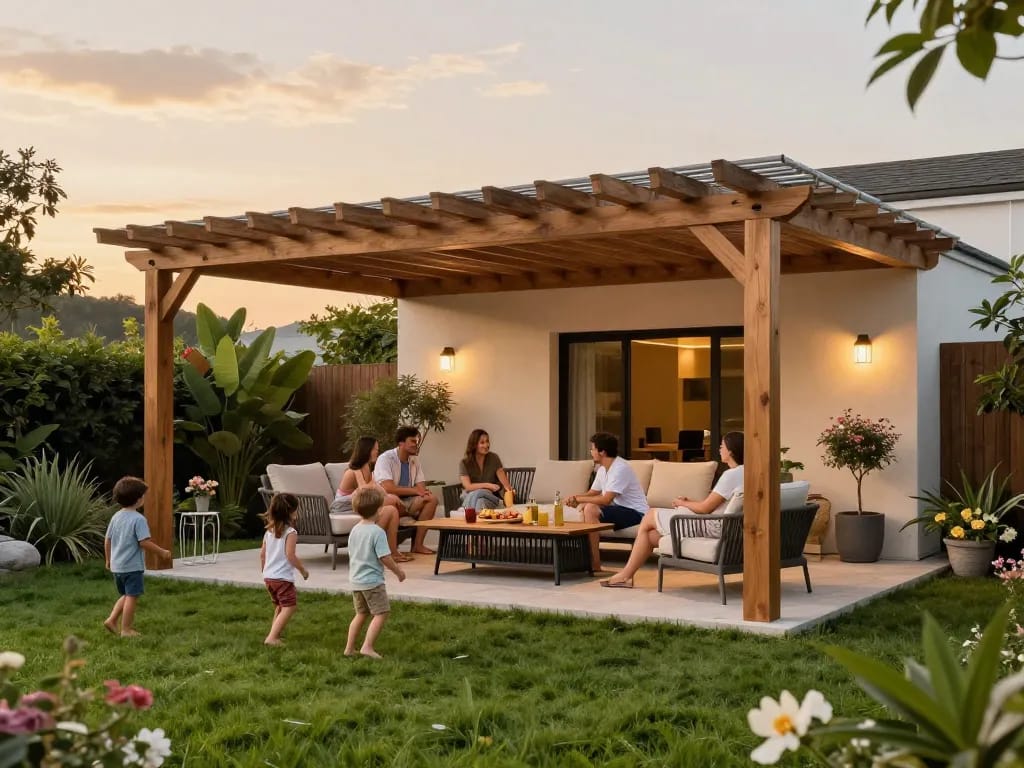 3D pergola configurator showcasing an elegant outdoor living area with family gathering.