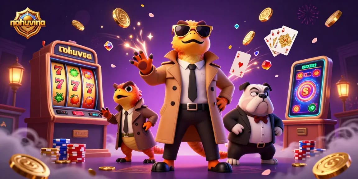 Nohuvina showcases a whimsical scene of three raptors in a trench coat entering a casino, adding excitement to the gaming world.