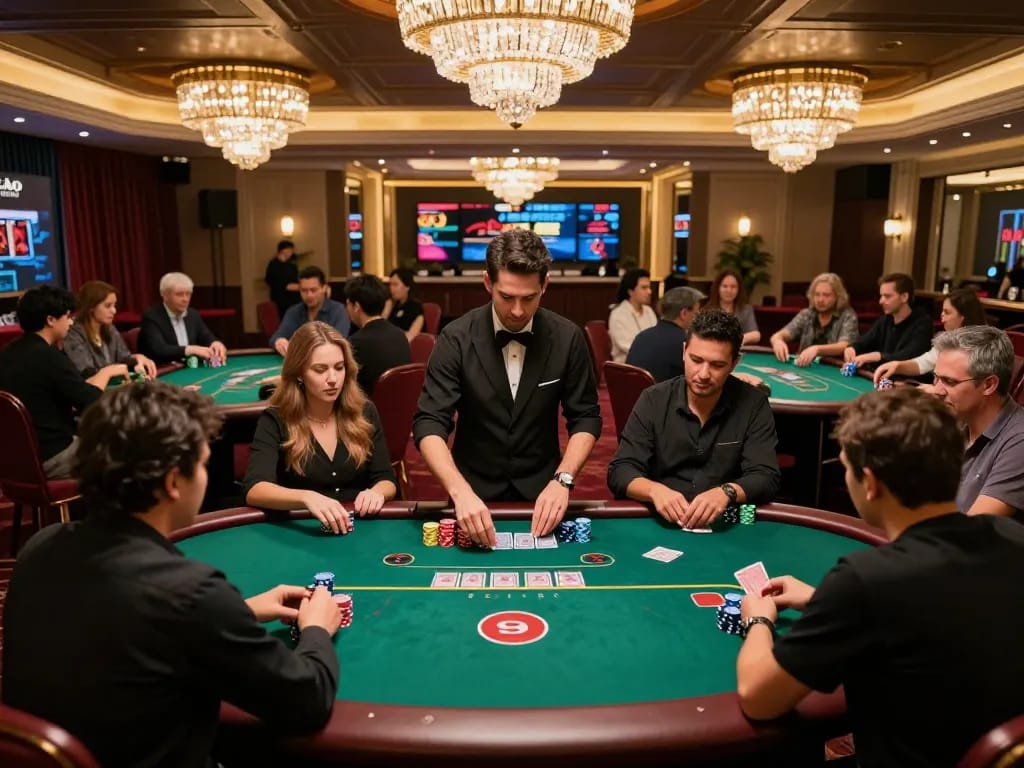 Players enjoy an engaging poker game at NHÀ CÁI MAX88 casino, showcasing vibrant tables and thrilling atmosphere.