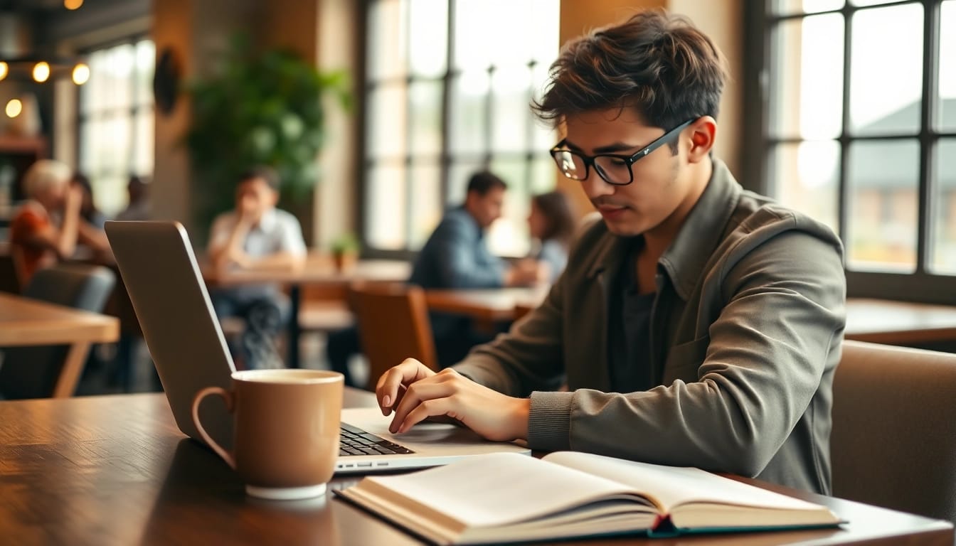 Applicants filling out the eta application uk forms at a coffee shop with a laptop.