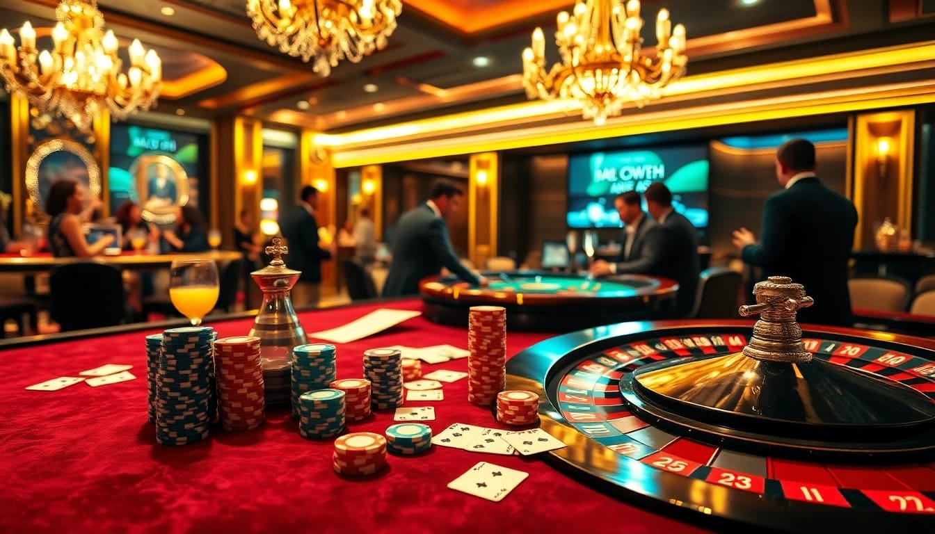 Exciting casino atmosphere at https://cakhia04.tv with poker chips, roulette wheel, and vibrant games.