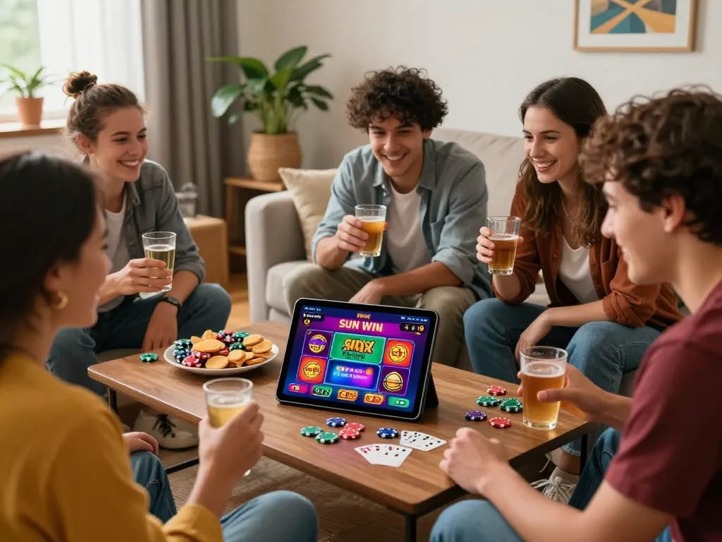 Cheerful friends enjoying the Sun Win app while gaming together, showcasing the excitement of tải sun win in a cozy atmosphere.