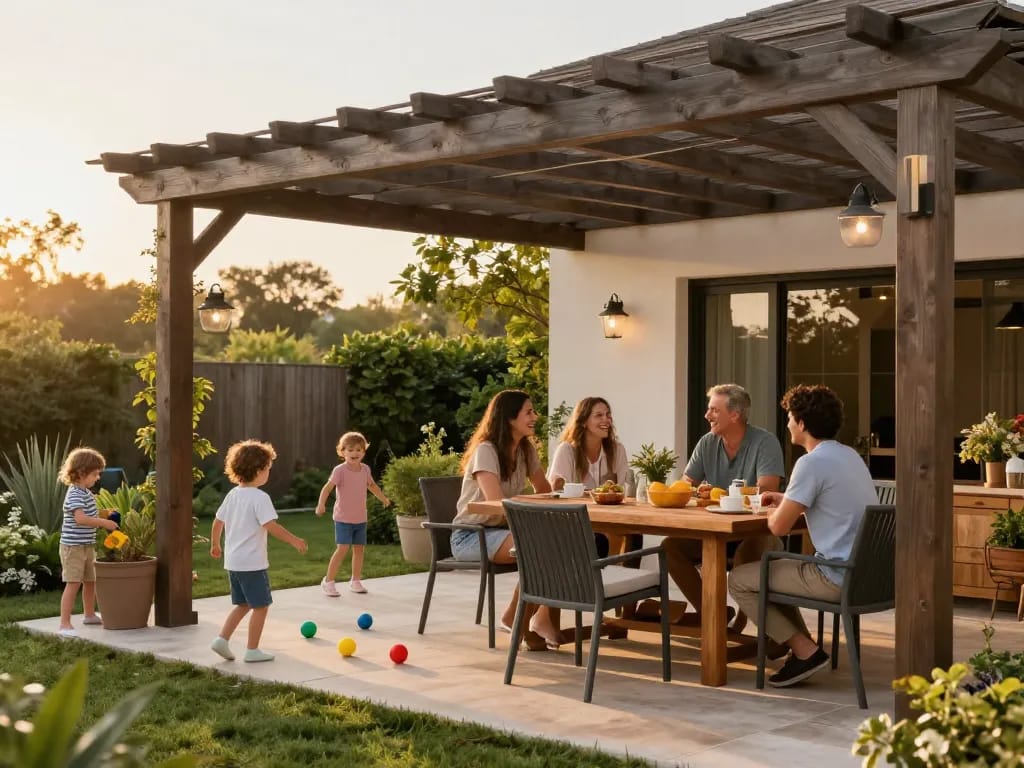 Famiglia che si gode un pomeriggio soleggiato sotto una pergola progettata con un configuratore pergole online, circondata dal verde.