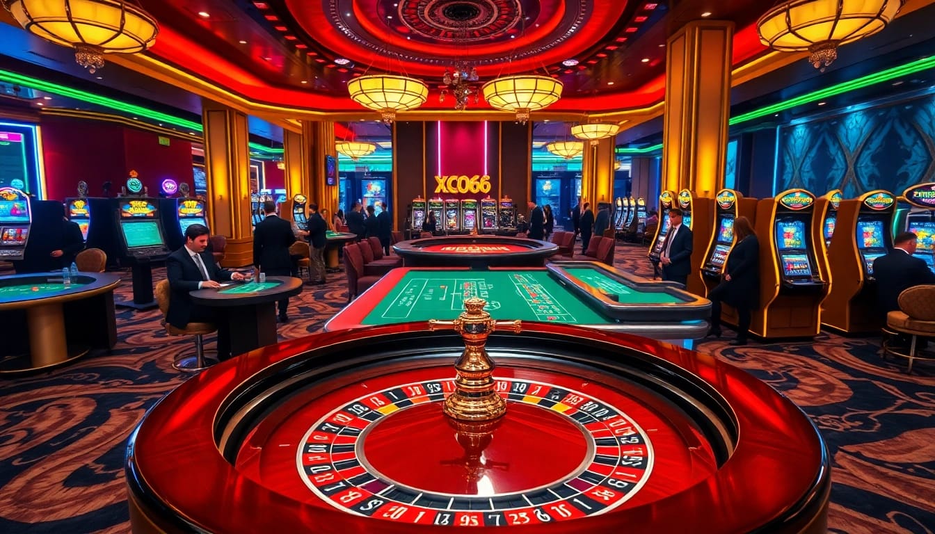 Xoso66 players enjoying a thrilling night at a luxurious casino with roulette and slot machines.