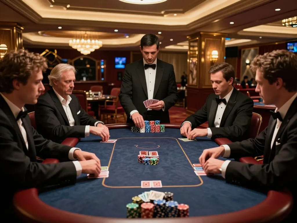 NHÀ CÁI XO88 features a high-stakes poker game in a luxurious casino setting, showcasing intense gameplay.