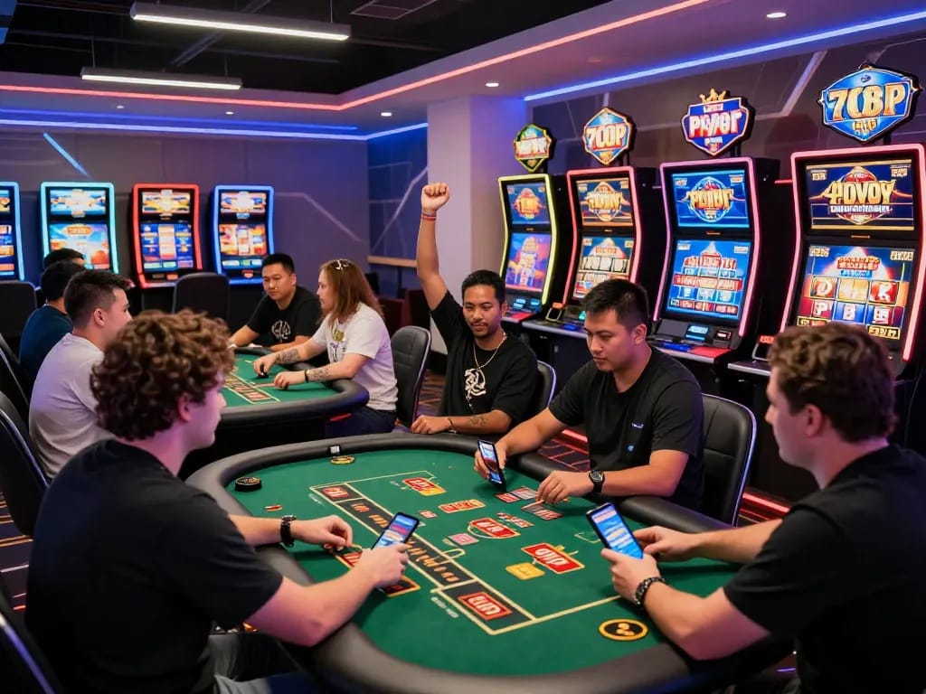 Players enjoying an exciting gaming experience at 789 P's vibrant online casino, engaging in live dealer games and slot machines.