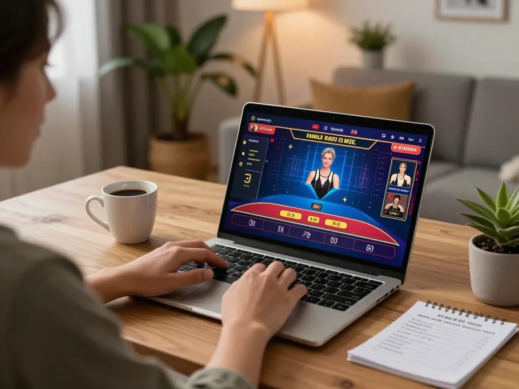 Engaging online casino gameplay at Vmax trang chủ in a cozy home environment, showcasing strategic betting actions.