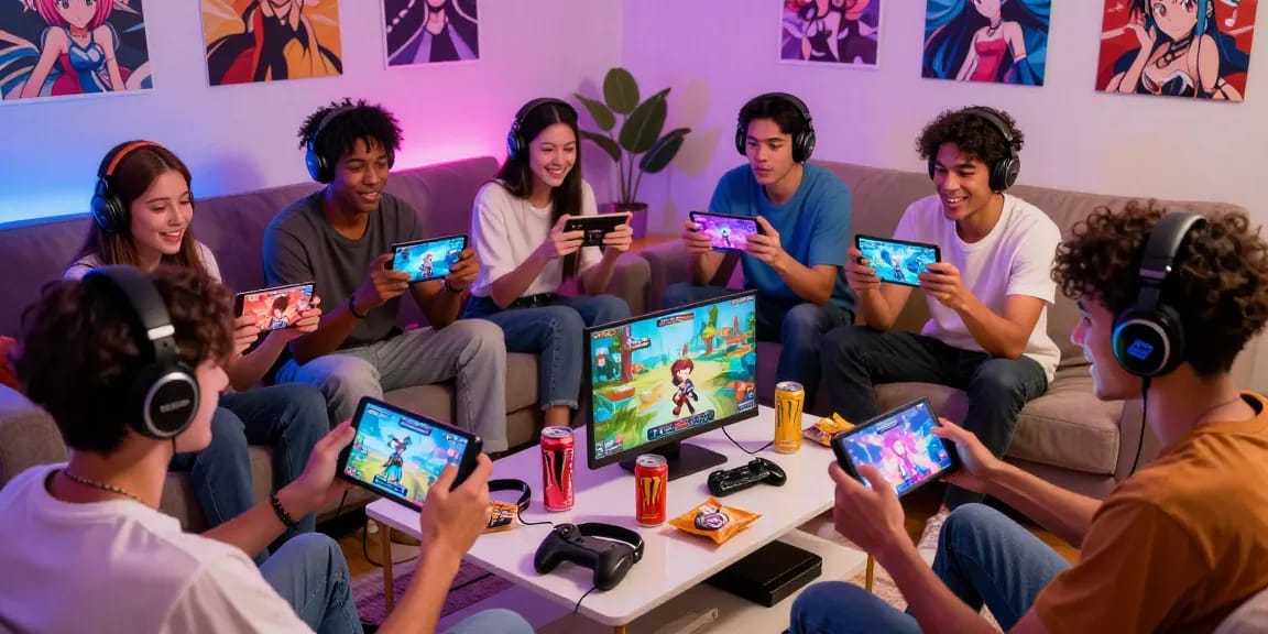 Friends enjoying mobile hentai games in a lively living room setting with colorful screens and vibrant anime decor.