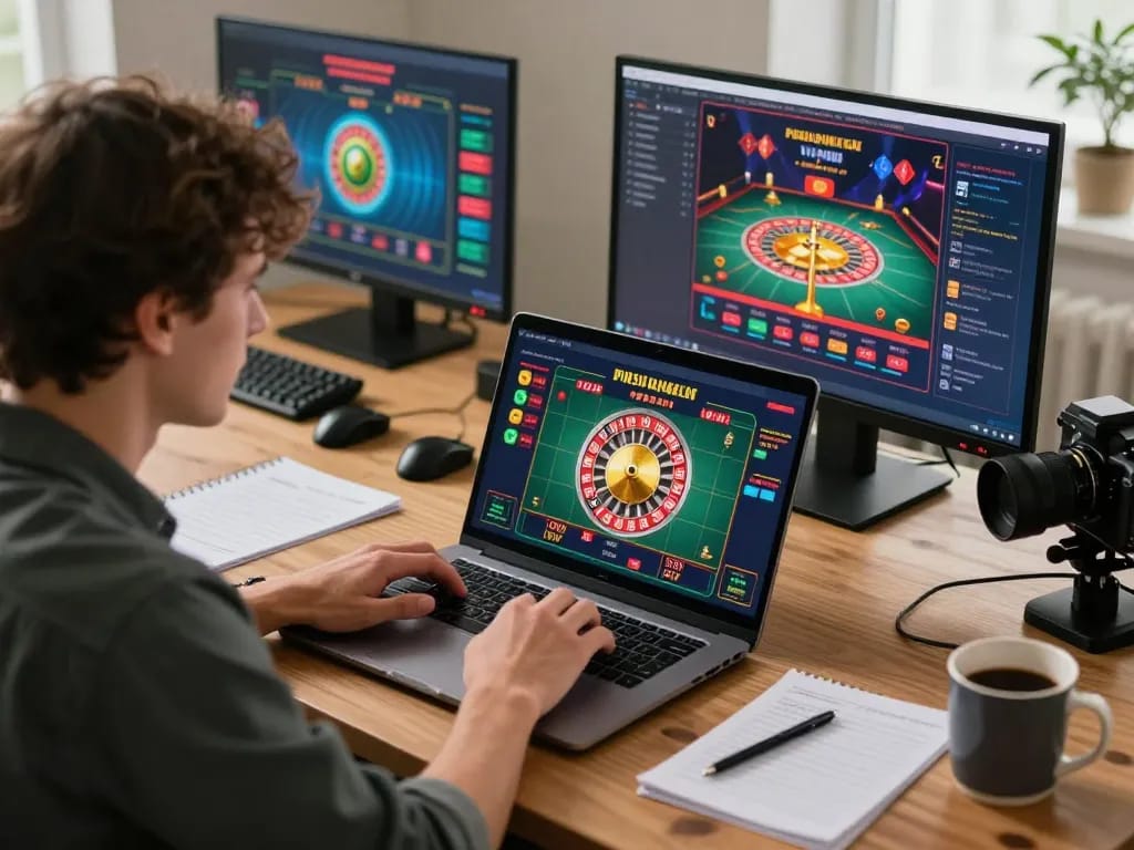 Pemain yang terlibat dengan permainan roulette online ap686 di kantor rumah yang nyaman, fokus pada keputusan strategis.