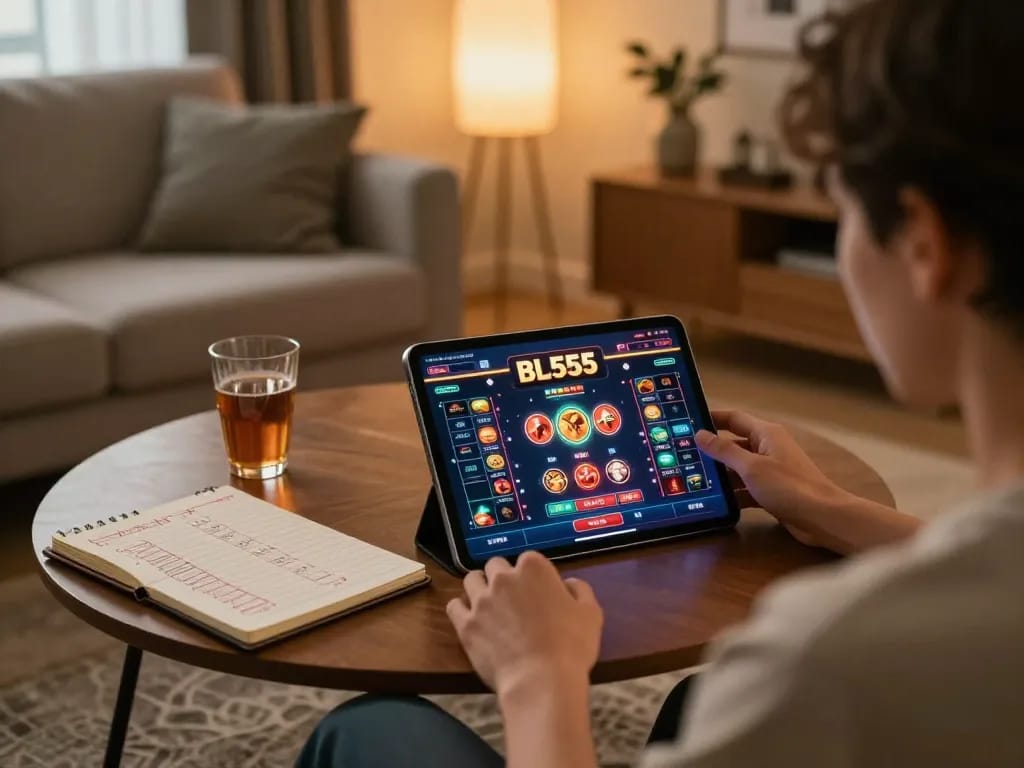 Engaging in online gambling at BL555 from a cozy setting with the tablet showcasing vibrant games.
