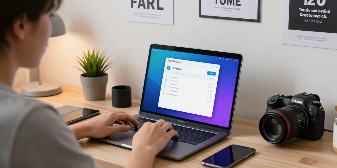Customize Telegram Chinese settings in a modern workspace with a laptop and gadgets.