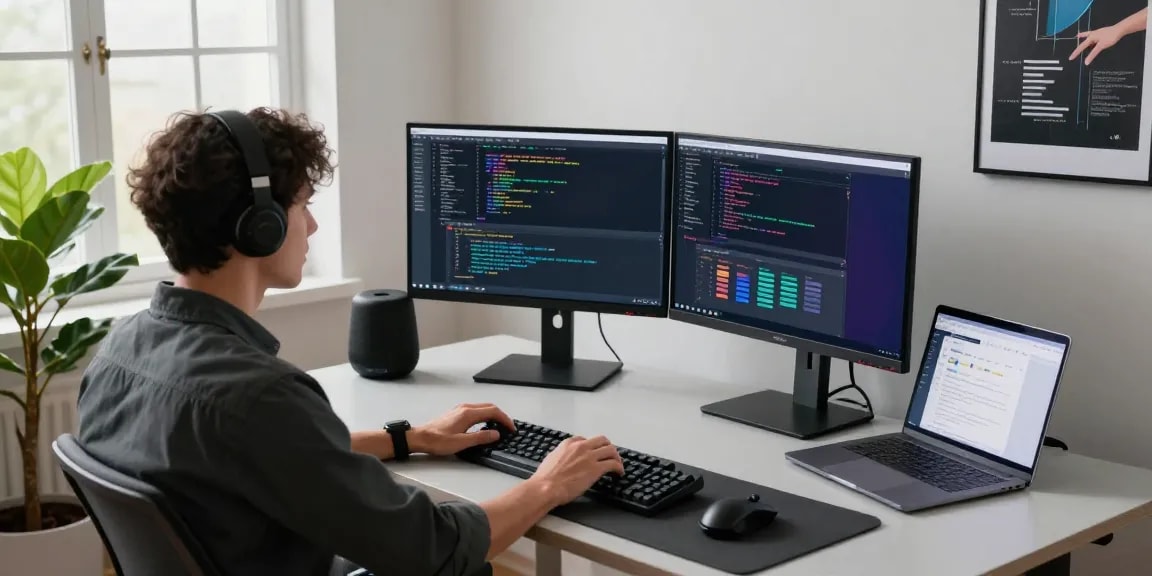 WPS Download scene showcasing a modern workspace with a developer coding on dual monitors in a professional atmosphere.