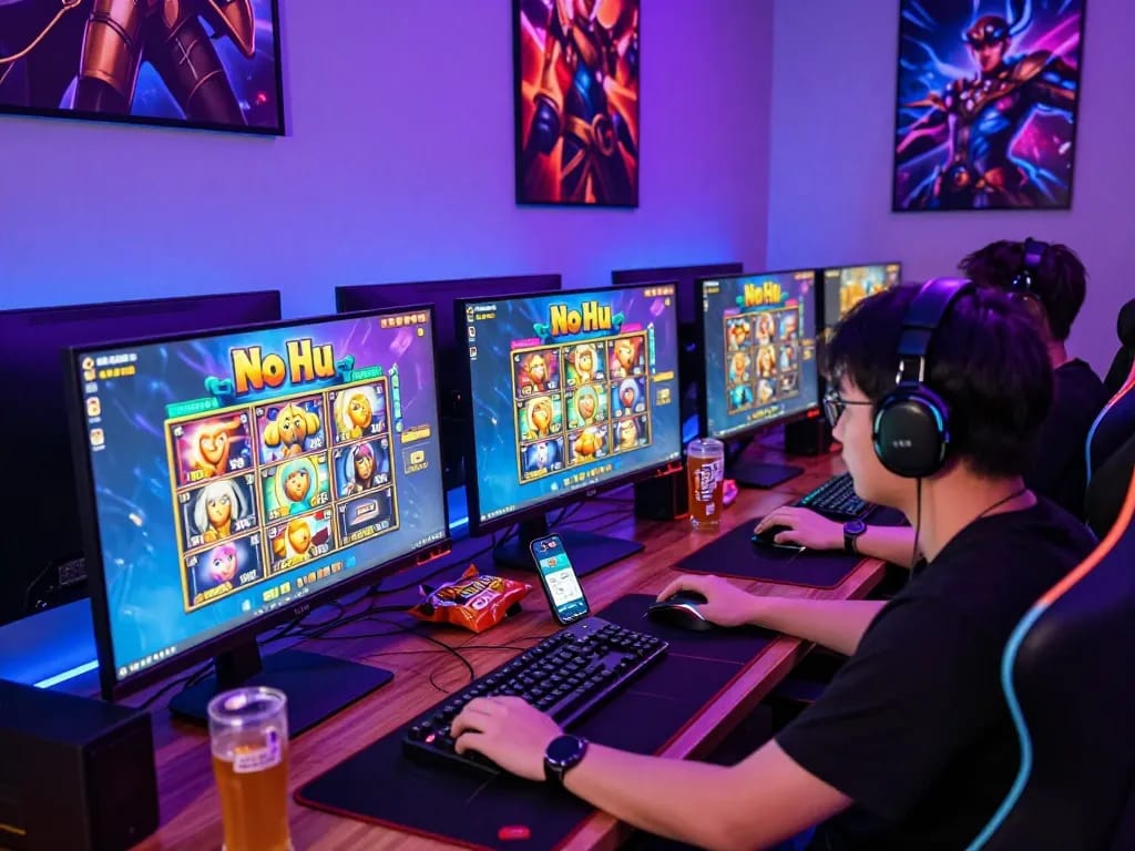 No Hu online gaming setup with vibrant visuals, player engaged in thrilling slot games and colorful LED lights.