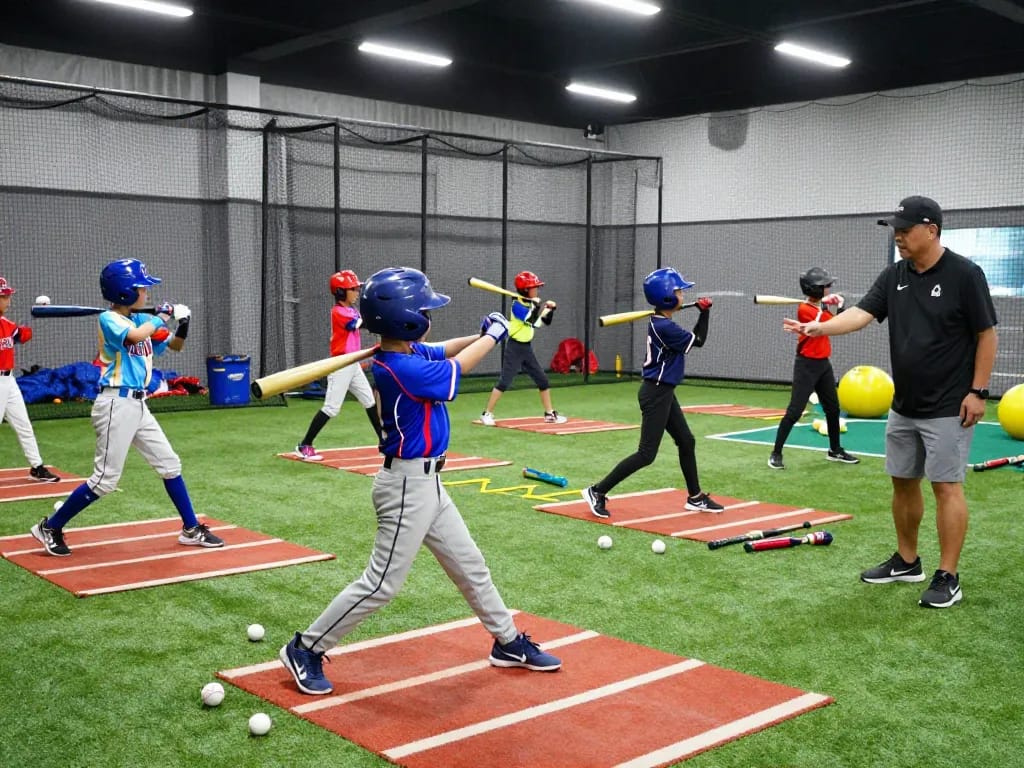 Youth athletes training at the hitclub batting cages with a coach's guidance and various equipment.