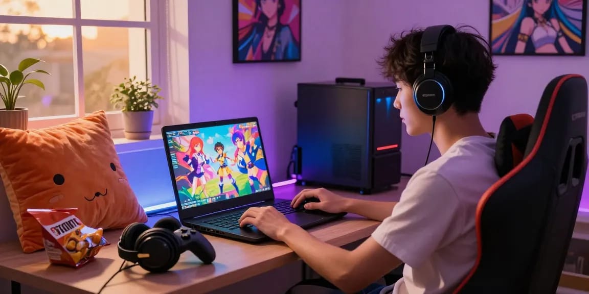 Gamer immersed in a colorful hentai game on a laptop in a cozy gaming setup.