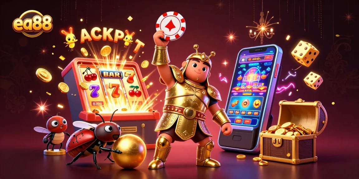 Join the excitement with ea88 as cartoon beetles celebrate a casino jackpot in style.
