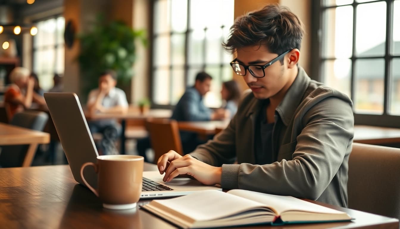Applicants filling out the eta application uk forms at a coffee shop with a laptop.