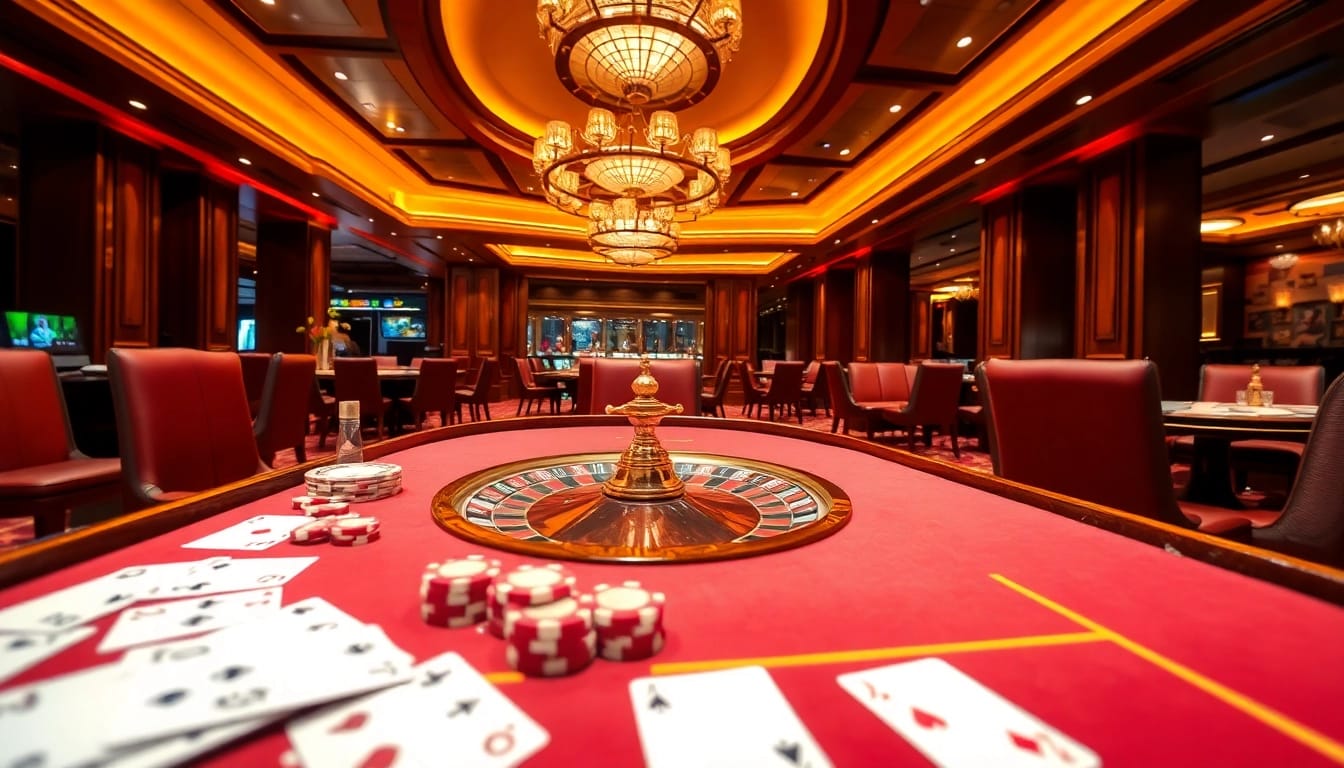 Experience the thrill of gambling at Nhà cái thabet featuring roulette, poker chips, and luxurious casino decor.