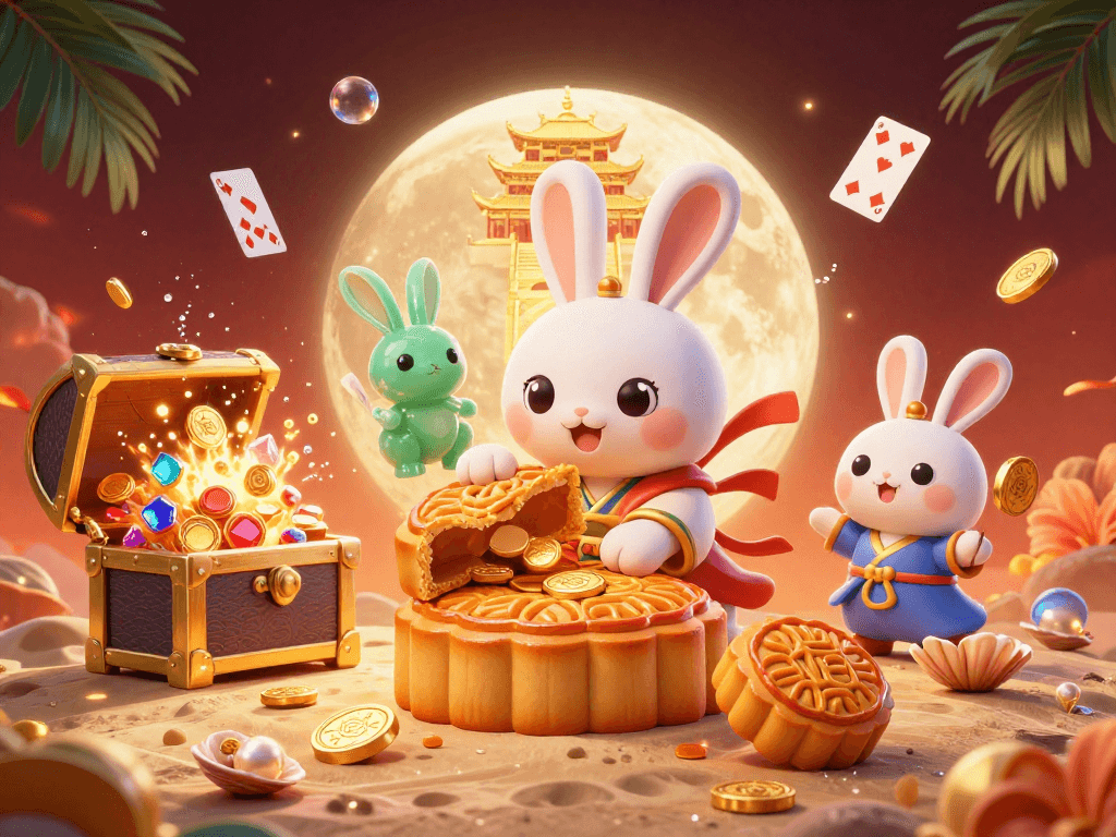 Win poker chips with luongsontv while the moon rabbit pounds golden mooncakes on a vibrant lunar backdrop.