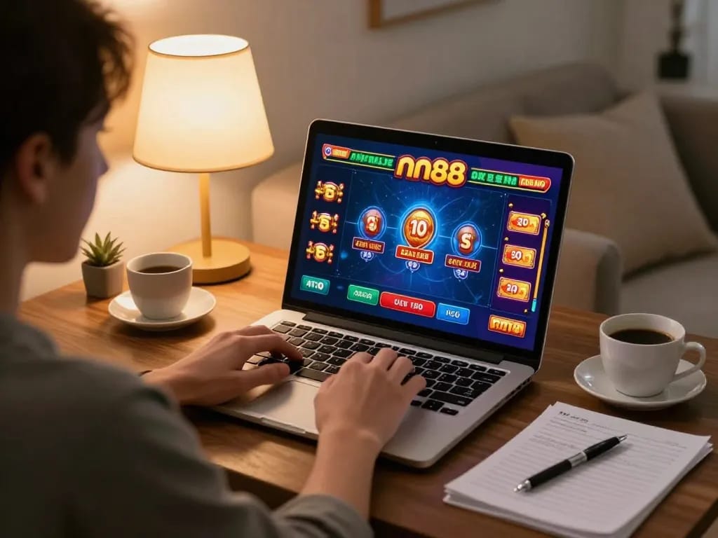 Experience online casino gaming at nn88, with excitement from vibrant gameplay on a laptop.