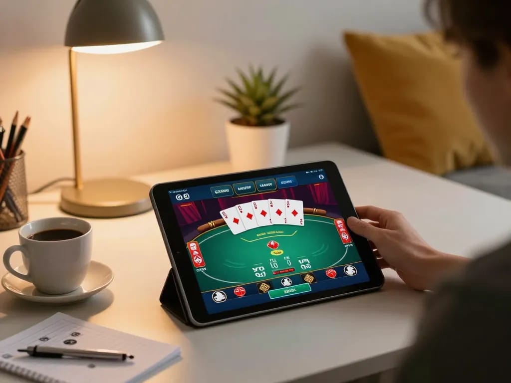Engaging in online gambling at VSBET with a tablet showcasing poker game.