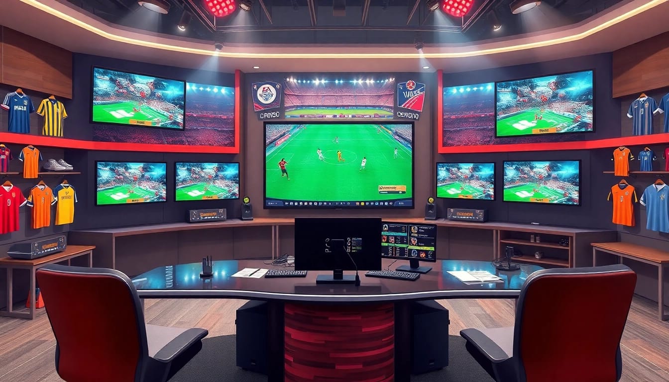Engaging scene of sports broadcasting featuring a vibrant studio with dynamic visuals.
