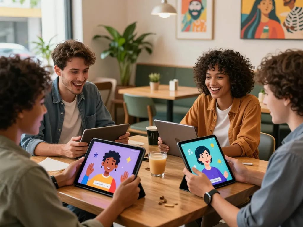 Engaging scene of users enjoying crushon ai interactions in a lively café atmosphere.