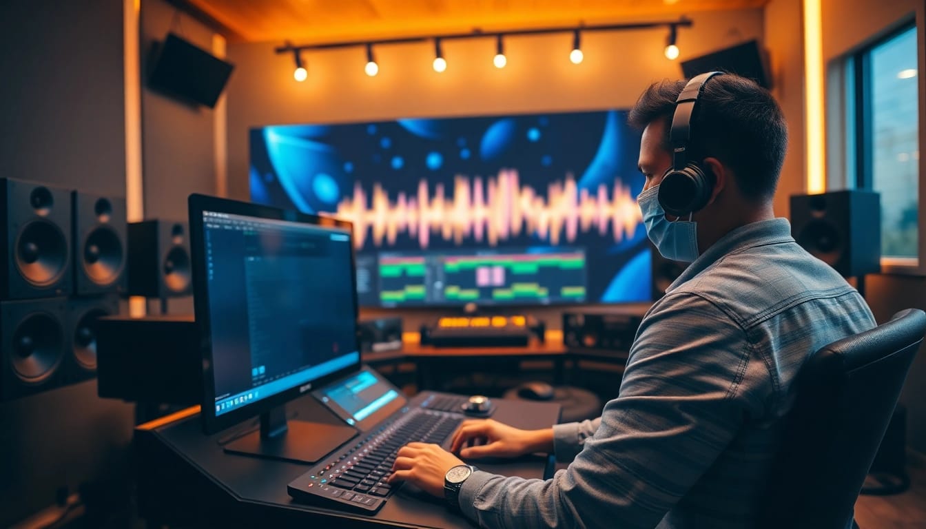 Mastering audio tracks online in a sophisticated studio environment, showcasing professional equipment.