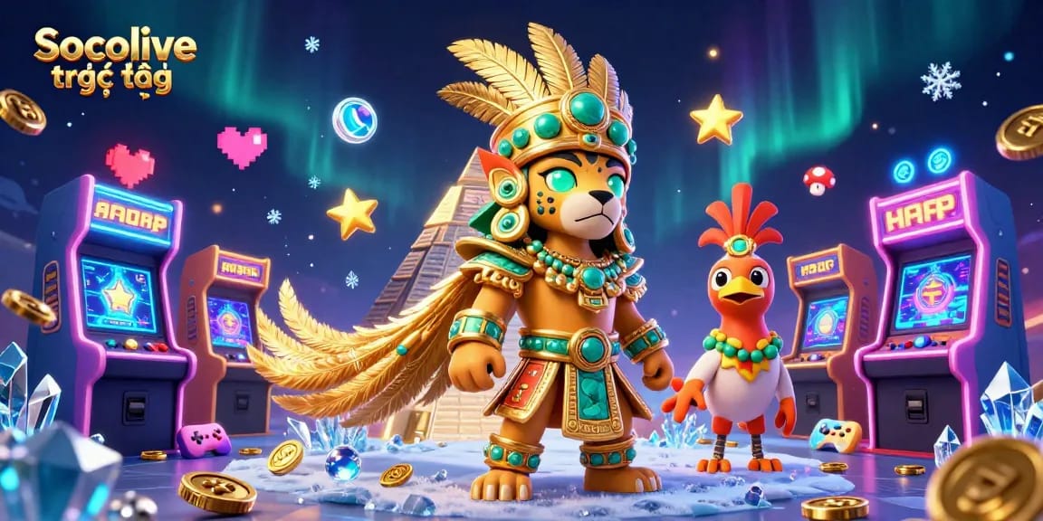 Socolive trực tiếp delivers a vibrant 3D illustration emphasizing a dynamic gaming atmosphere with characters and gambling elements.