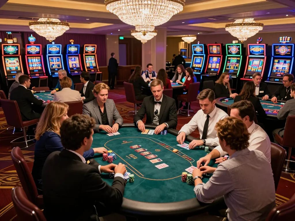 Menikmati permainan strategis di meja poker yang hidup di gg999 dengan tumpukan chip dan pemain yang terlibat.