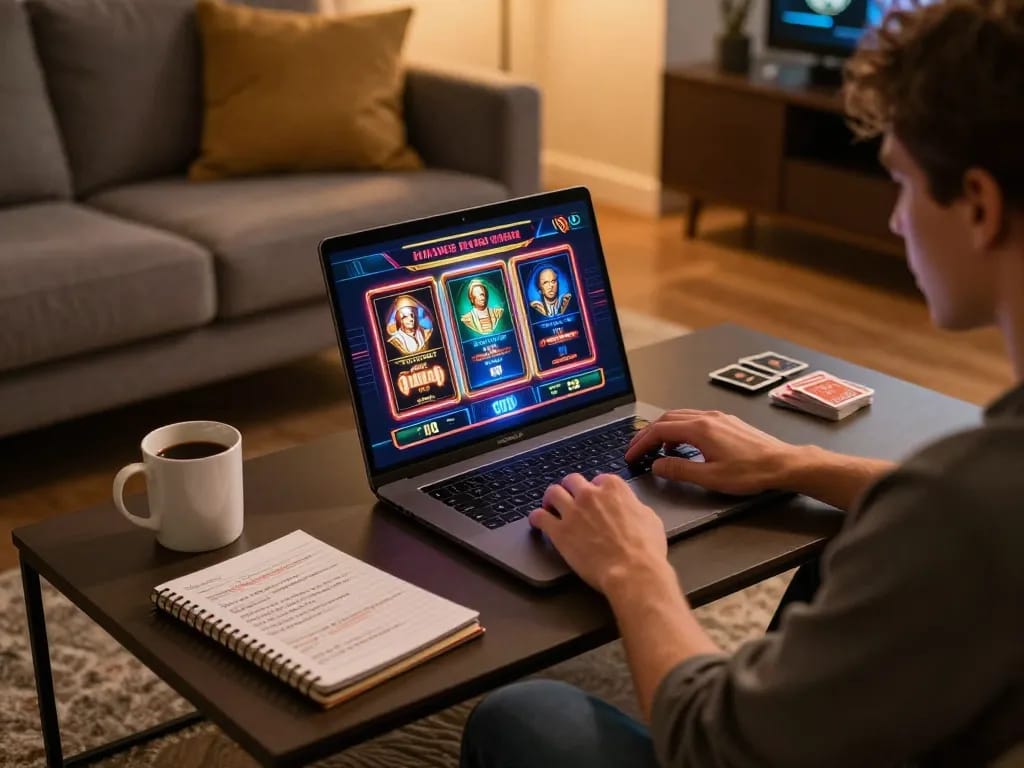 Person enjoying an online slot game on a laptop, capturing the excitement found at https://net88.wtf/ in a cozy home setting.