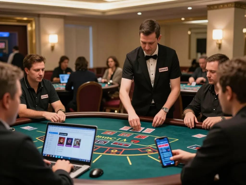 Players engaging with ledaonline live dealer games at a luxurious casino setting.