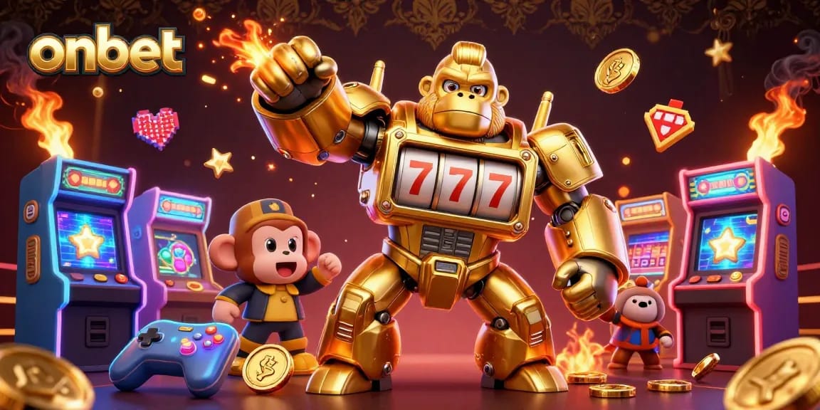 Experience excitement with onbet as a golden gorilla mech bursts with coins, showcasing vibrant gambling elements.
