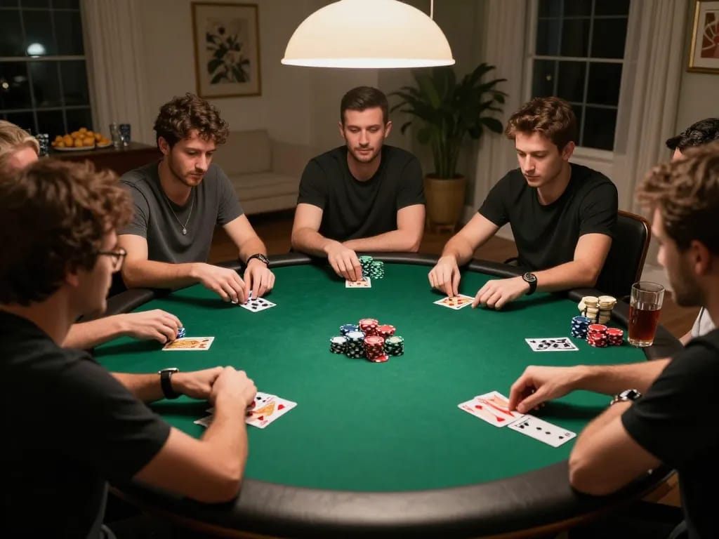 NET88 poker setup shows players engaged in competitive gameplay at a stylish home game night