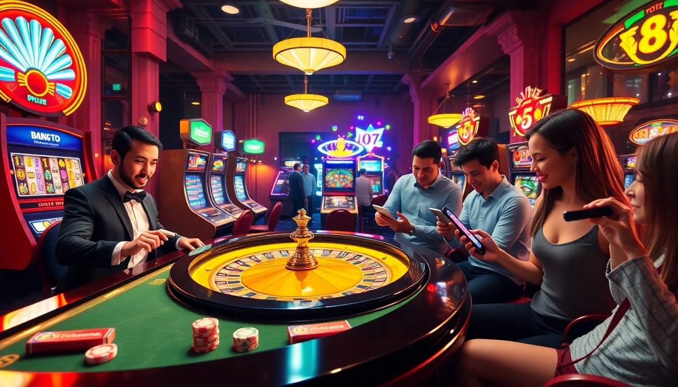 Experience online excitement at https://8live.date/ with a vibrant casino scene featuring roulette and slot games.