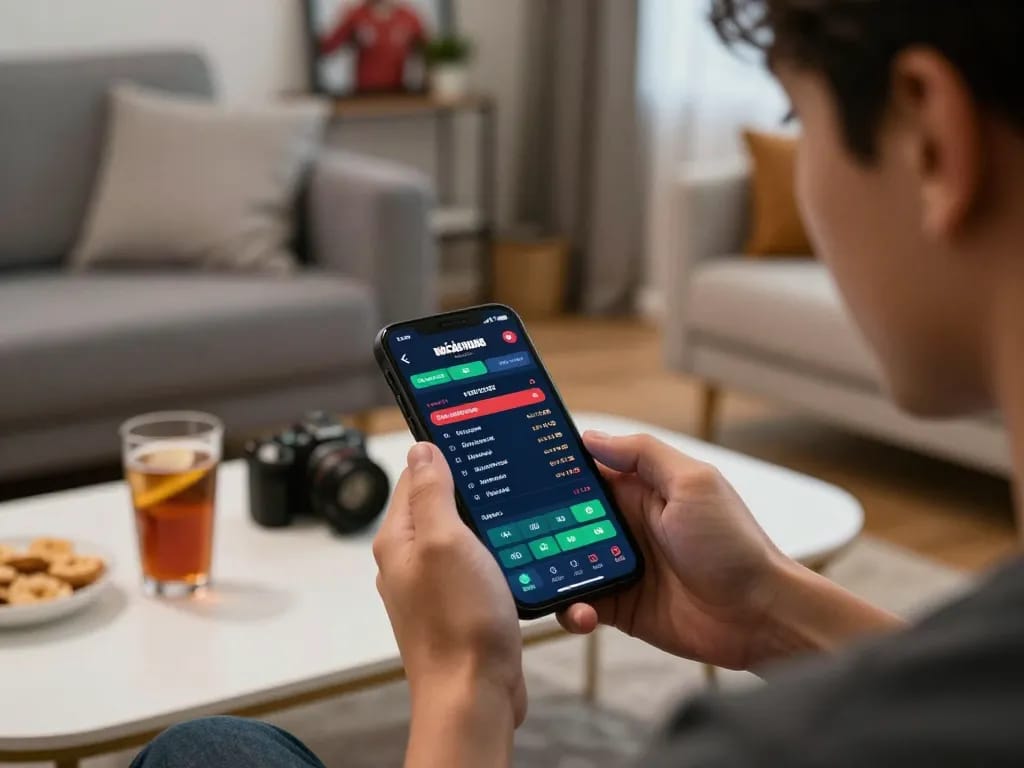 Engaged user placing a bet through the NHÀ CÁI VUA88 app in a cozy home atmosphere.