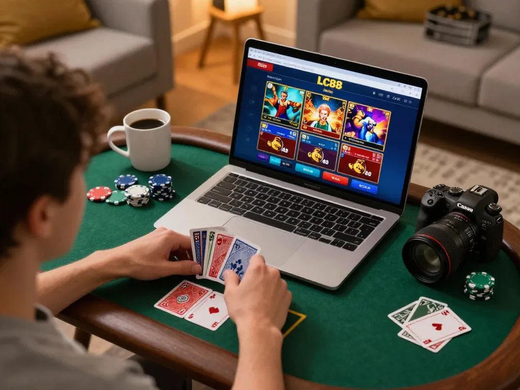 Engaging in LC88 online casino gaming session, showcasing strategic play and safe entertainment.