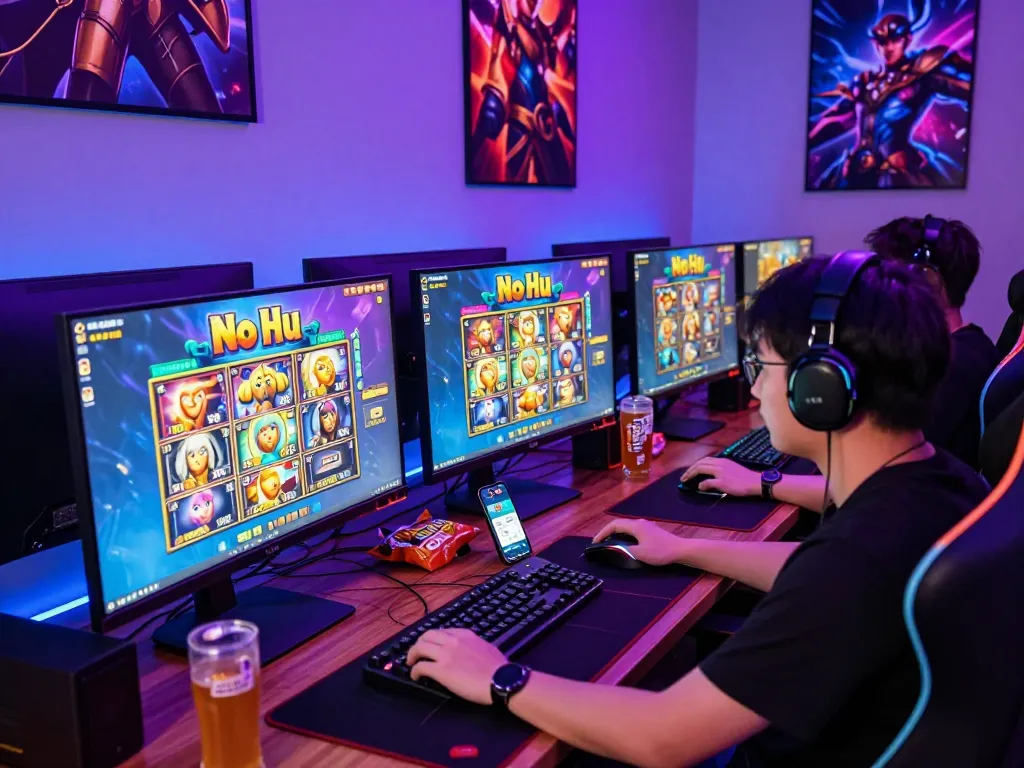No Hu online gaming setup with vibrant visuals, player engaged in thrilling slot games and colorful LED lights.