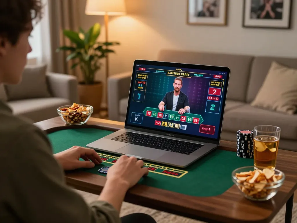 Okfun user engaging in live dealer blackjack on a laptop while enjoying a cozy home atmosphere.