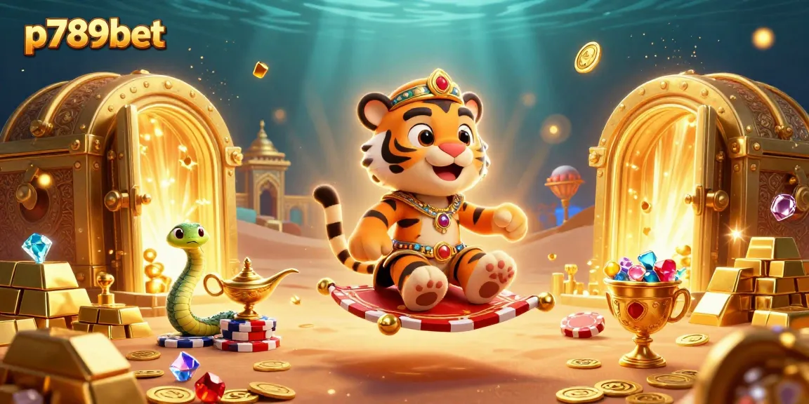Join the p789bet adventure in this vibrant casino-themed illustration filled with treasures.