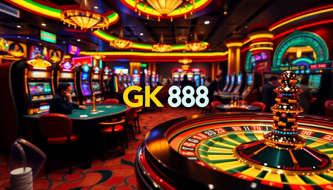 Experience GK 88 excitement with dynamic players at a luxurious casino table surrounded by vibrant gaming elements.