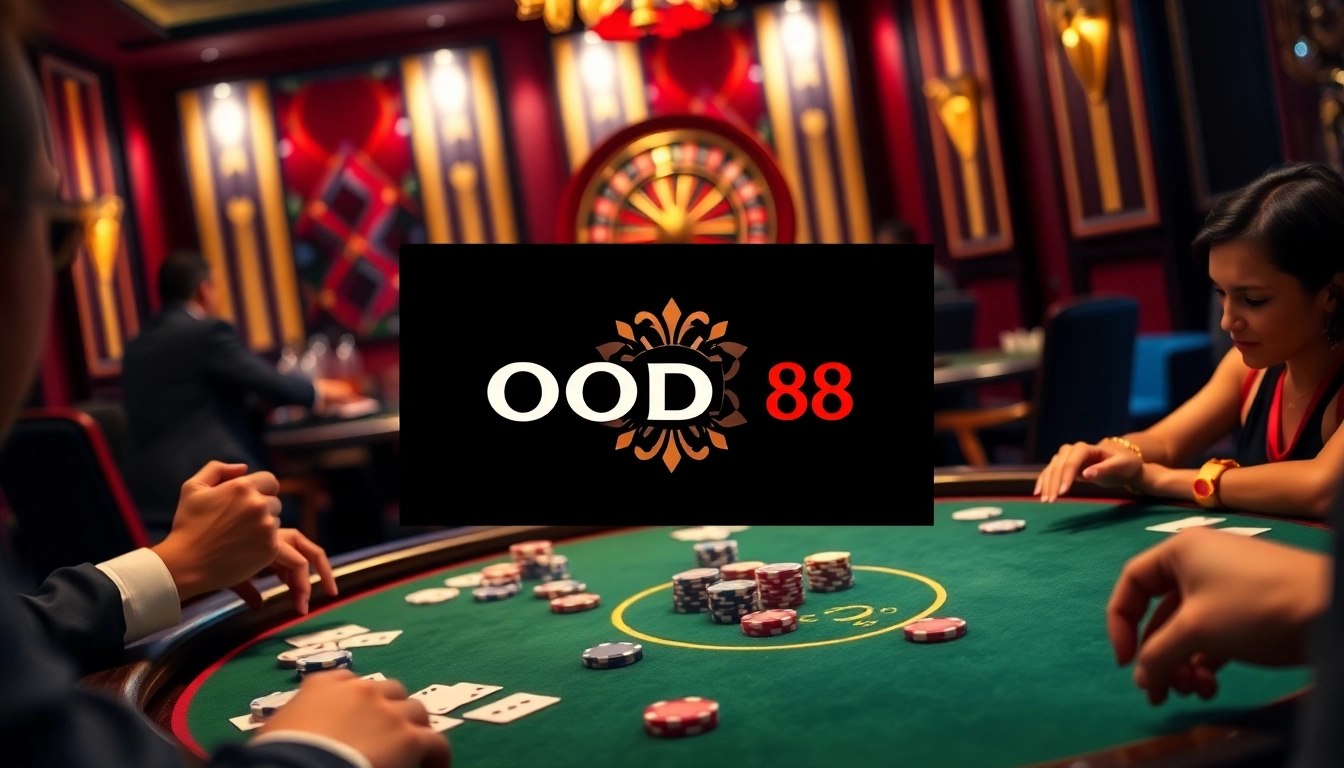 Players enjoying an exciting game at GOOD88, featuring poker chips and a vibrant roulette wheel.