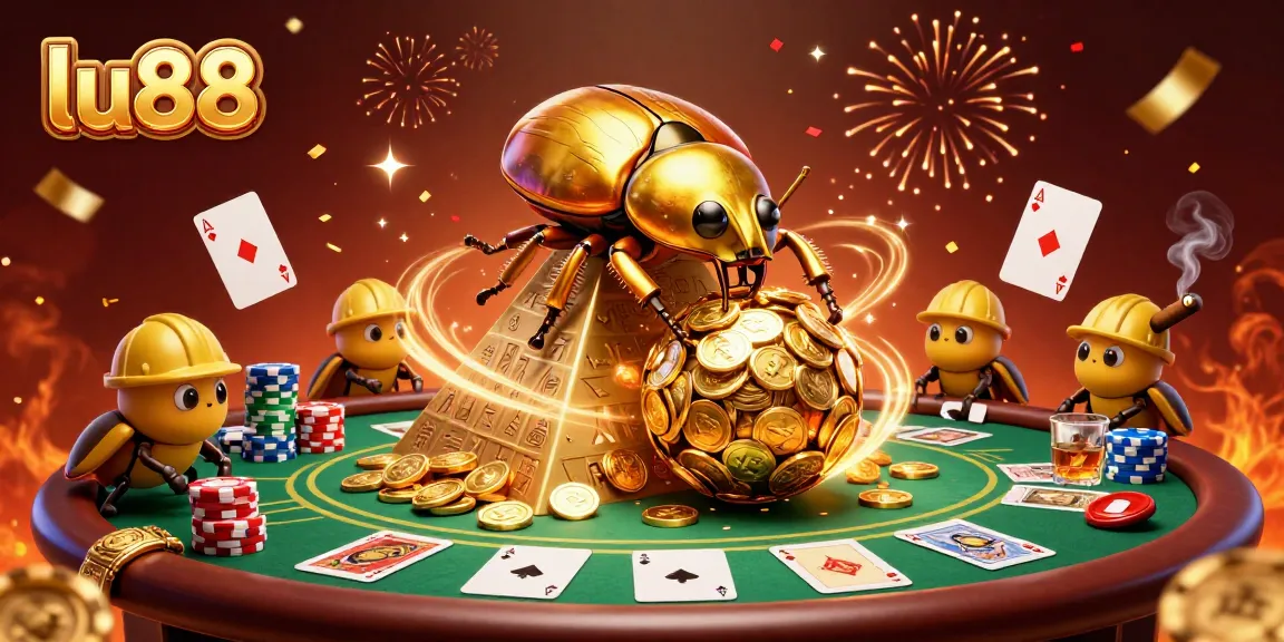 Spin the reels at lu88, where cartoon golden beetles illuminate a vibrant casino scene filled with poker excitement.