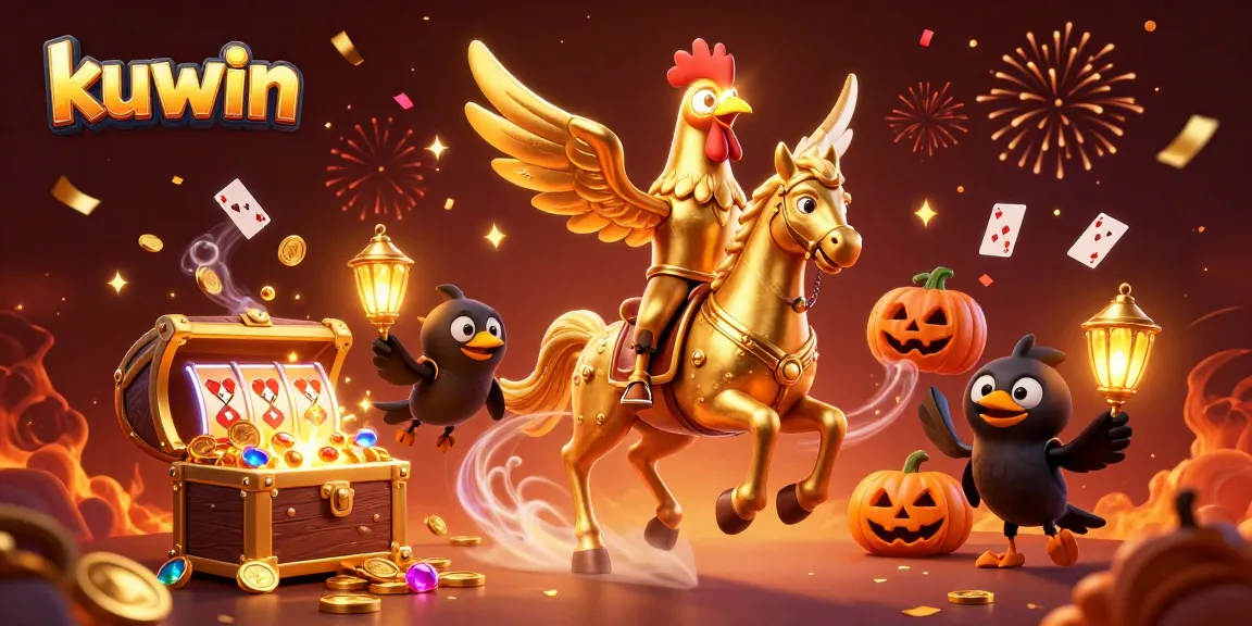 Kuwin offers thrilling casino experiences with a vibrant illustration showcasing dynamic characters amidst a sea of floating treasures and celebration elements.
