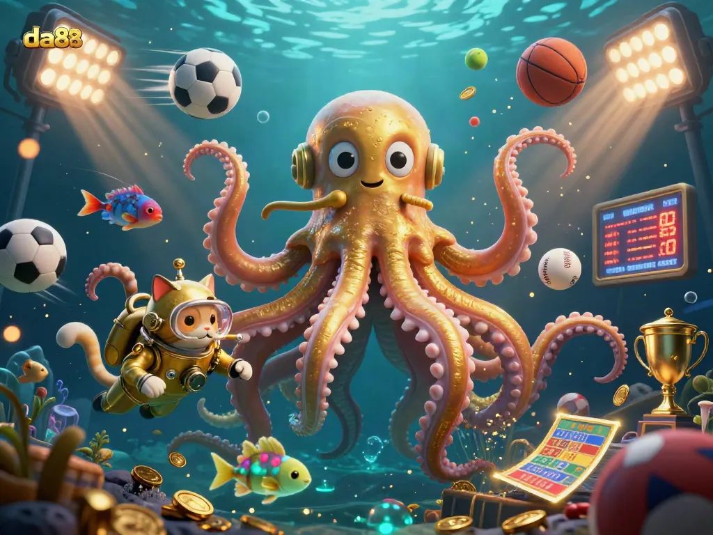 Experience thrilling gaming adventures at da88 with a colossal kraken, a diving cat, and dynamic sports elements.