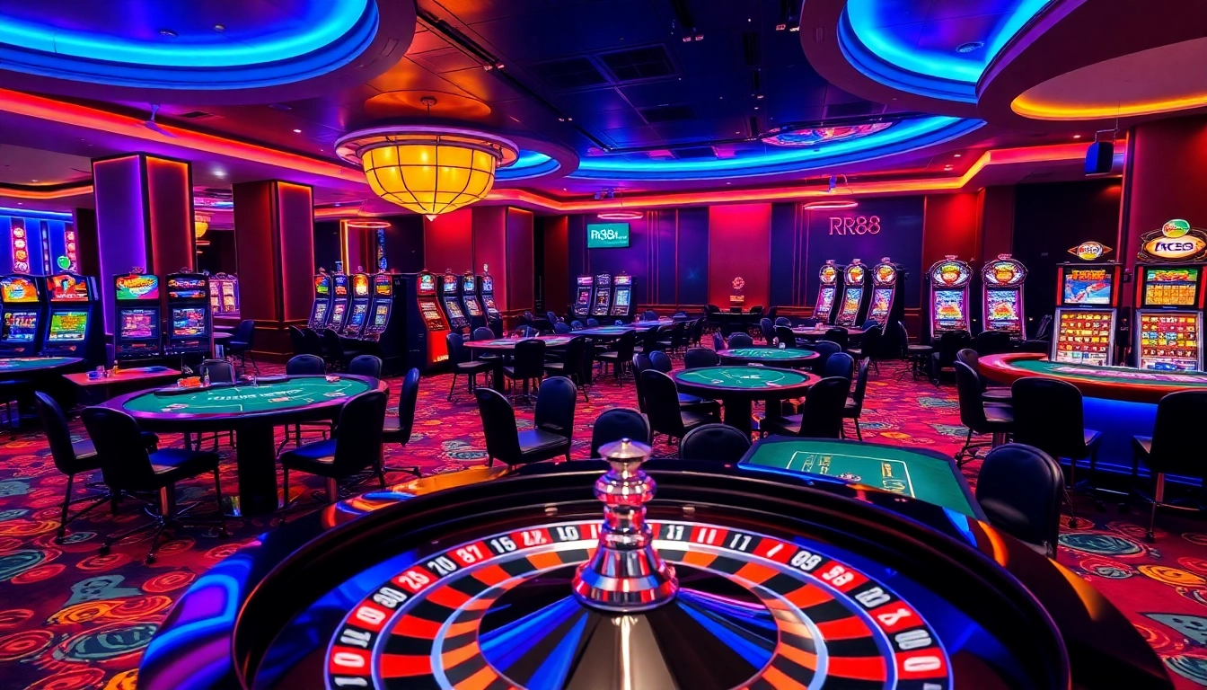 Exciting casino game scene featuring RR88 poker tables and vibrant slot machines, capturing the allure of gambling.