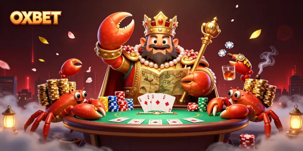 Experience the exciting world of OXBET with a vibrant 3D illustration showcasing a golden crab emperor amid a lively casino scene.